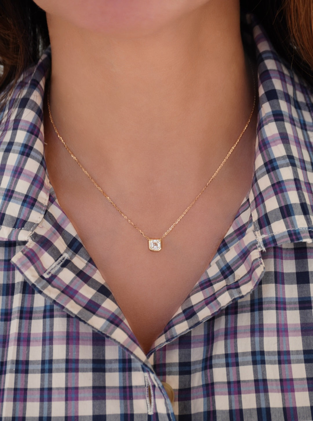 14KY Lab Grown Asscher-Cut Bezel Diamond Necklace On Model-Embark Fine Jewelry