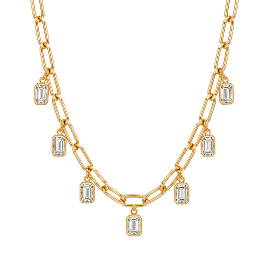 14KY 3.75 CTW Lab Grown Emerald-Cut Bezel Station Paperclip Necklace Front View-Embark Fine Jewelry