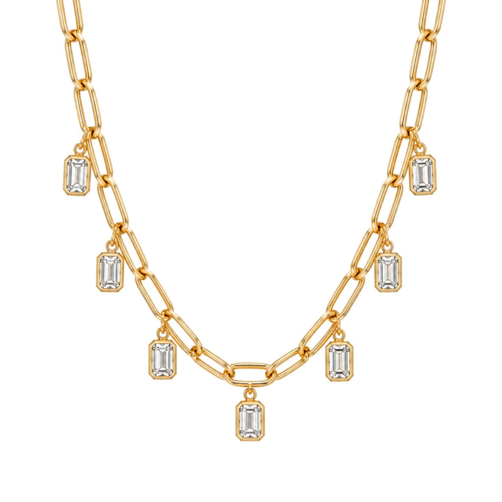 14KY 3.75 CTW Lab Grown Emerald-Cut Bezel Station Paperclip Necklace Front View-Embark Fine Jewelry