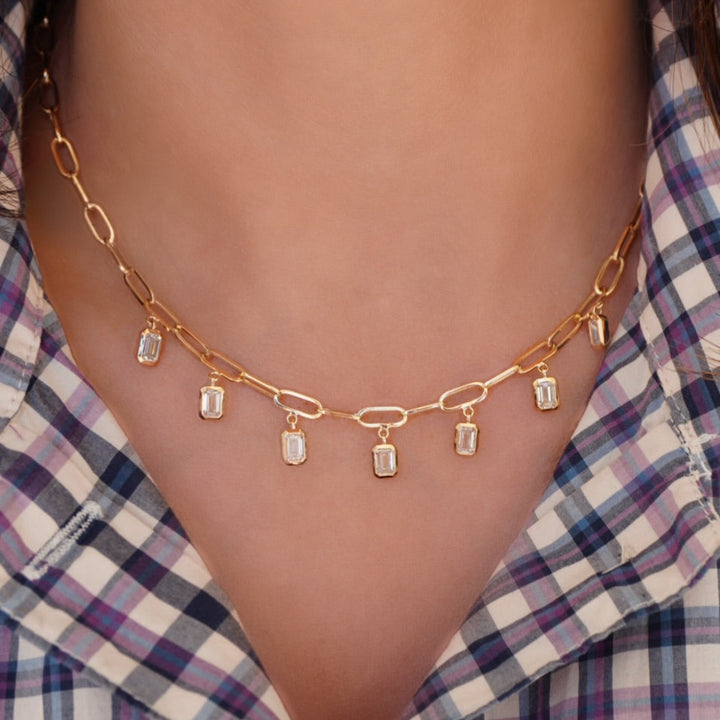 14KY 3.75 CTW Lab Grown Emerald-Cut Bezel Station Paperclip Necklace On Model-Embark Fine Jewelry