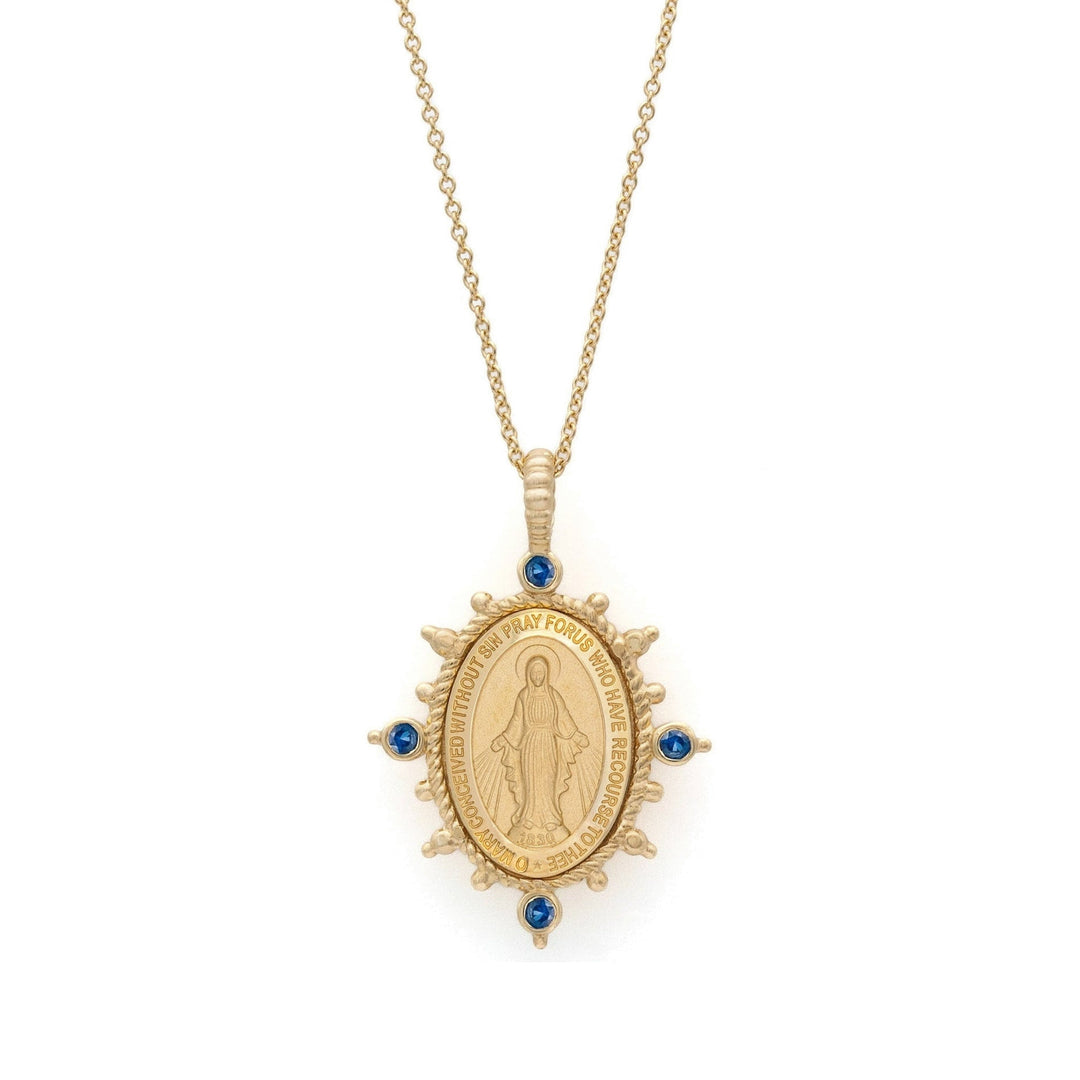 14KY 4-Gemstone Miraculous Medal Necklace Blue Sapphire Front View-Embark Fine Jewelry