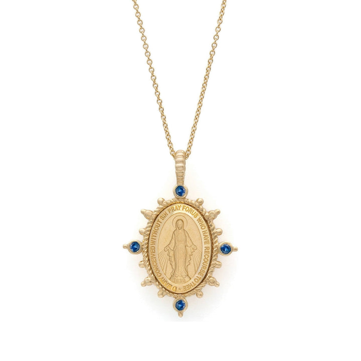 14KY 4-Gemstone Miraculous Medal Necklace Blue Sapphire Front View-Embark Fine Jewelry