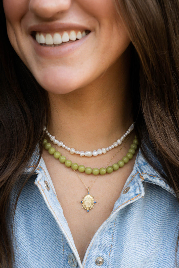 14KY 4-Gemstone Miraculous Medal Necklace On Model-Embark Fine Jewelry