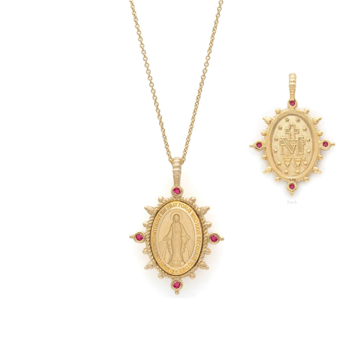 14KY 4-Gemstone Miraculous Medal Necklace Ruby Alternate View-Embark Fine Jewelry