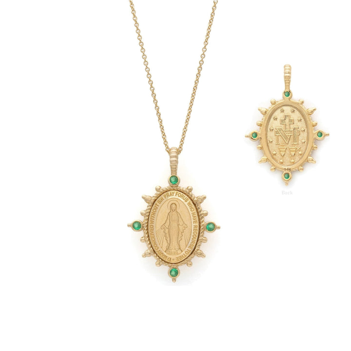14KY 4-Gemstone Miraculous Medal Necklace Emerald Alternate View-Embark Fine Jewelry