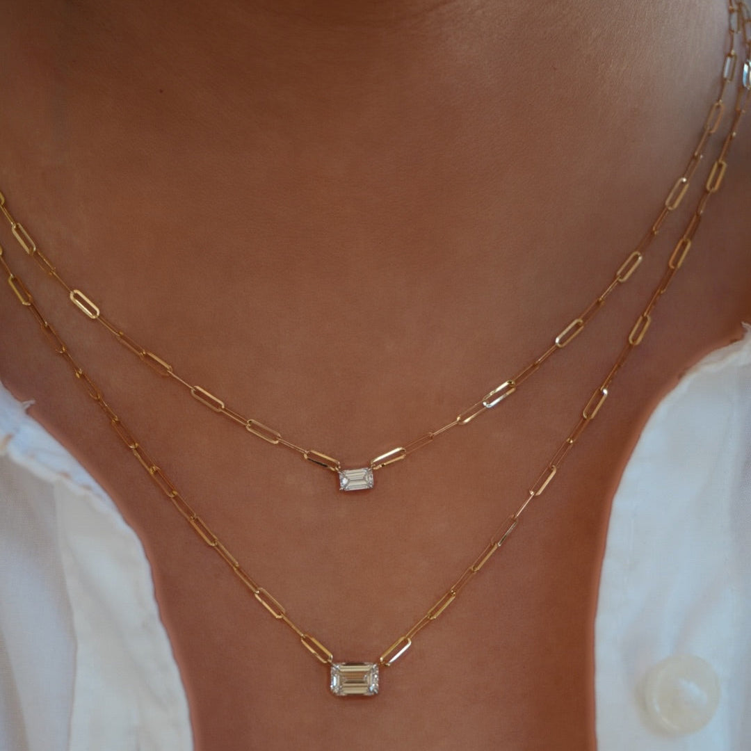 14KY Emerald-Cut Diamond Paperclip Chain Necklace On Model-Embark Fine Jewelry
