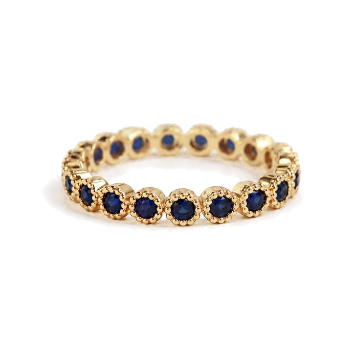 14KY Lab Grown Round Blue Sapphire Milgrain Ring – 14K Yellow Gold – Front