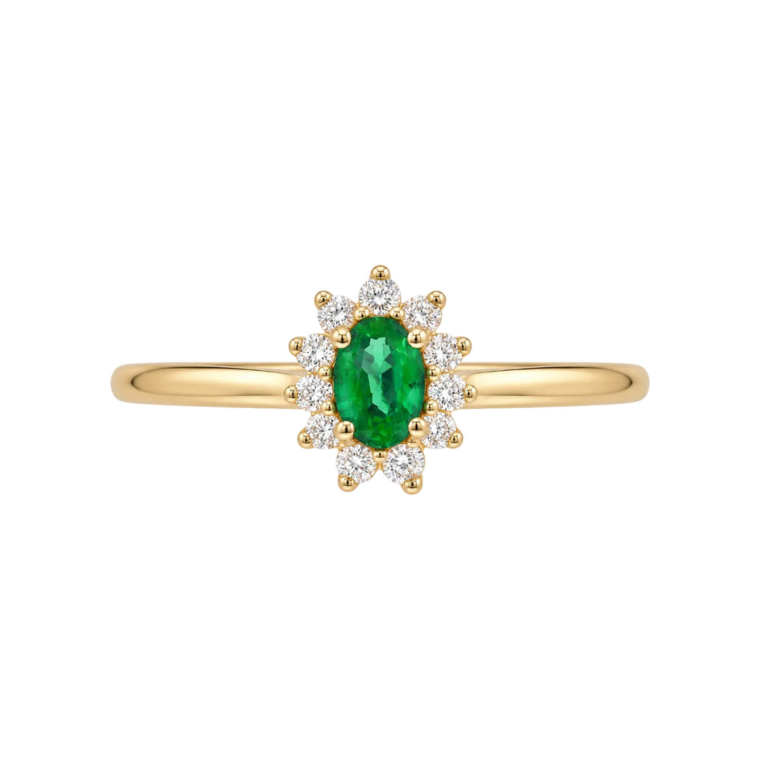 14KY Oval Emerald &amp; Diamond Halo Ring – 14K Yellow Gold – Front