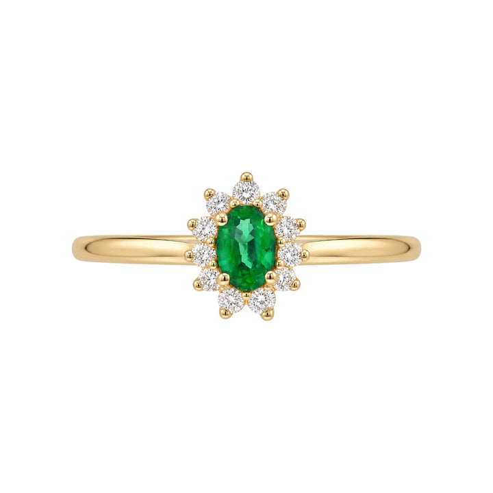 14KY Oval Emerald &amp; Diamond Halo Ring – 14K Yellow Gold – Front