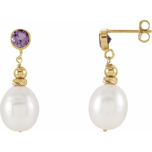 14K Bezel Gemstone & Freshwater Pearl Dangle Earrings