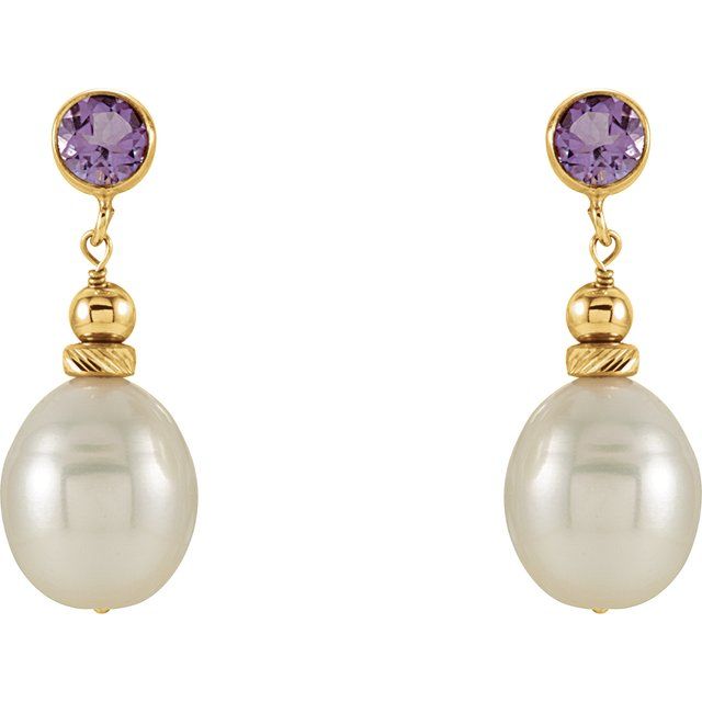 14K Bezel Gemstone & Freshwater Pearl Dangle Earrings