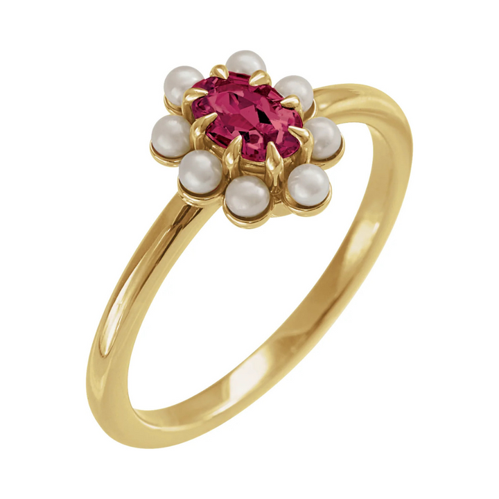 14K Natural Gemstone & Pearl Halo-Style Ring