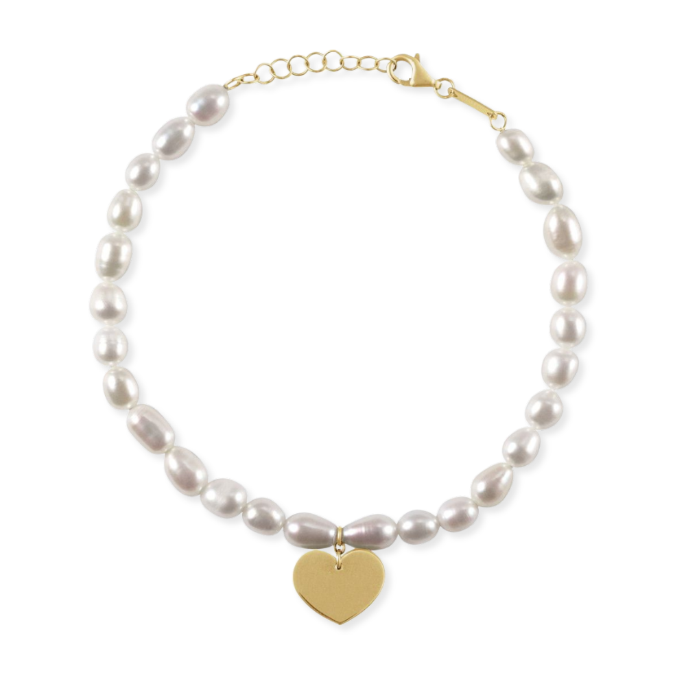 14K Cultured White Freshwater Pearl & Heart Bracelet