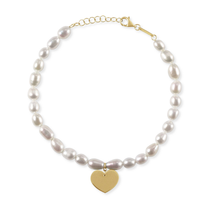 14K Cultured White Freshwater Pearl & Heart Bracelet