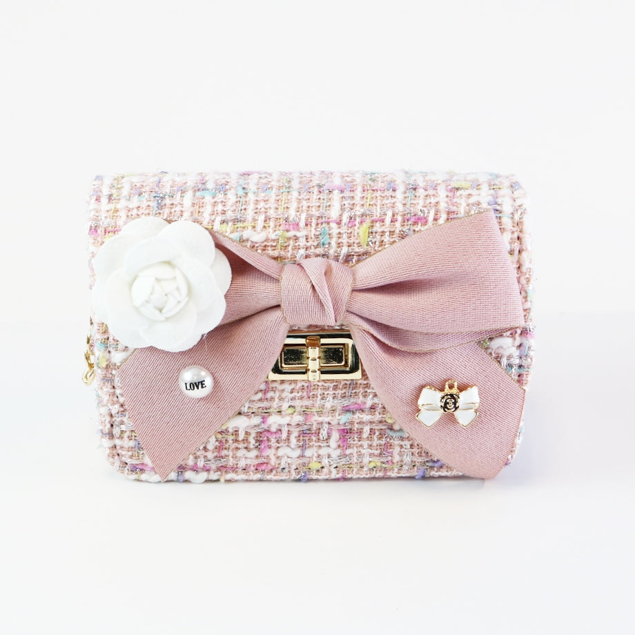 Pink Floral Bow Tweed Purse