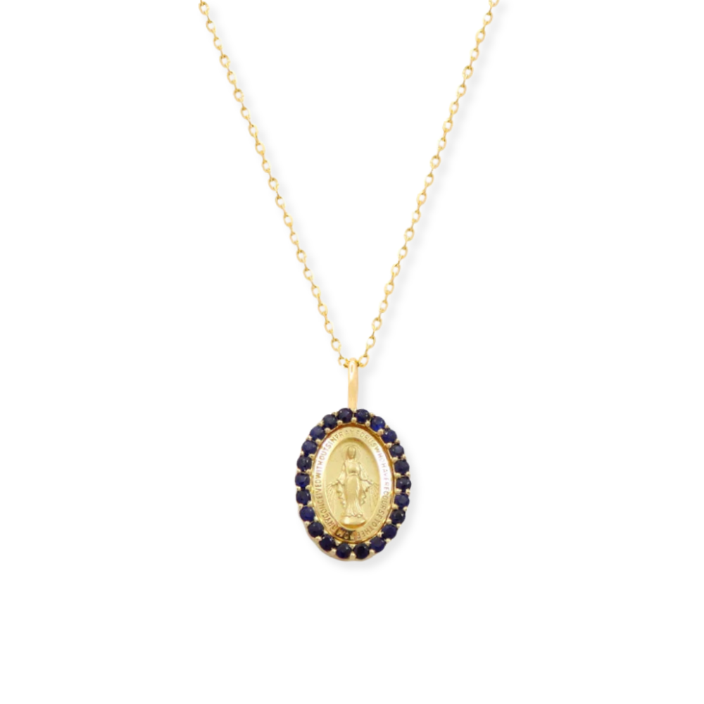 14K Gemstone Halo Miraculous Medal Necklace