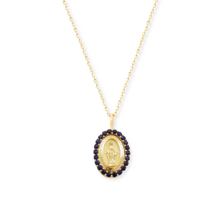 14K Gemstone Halo Miraculous Medal Necklace