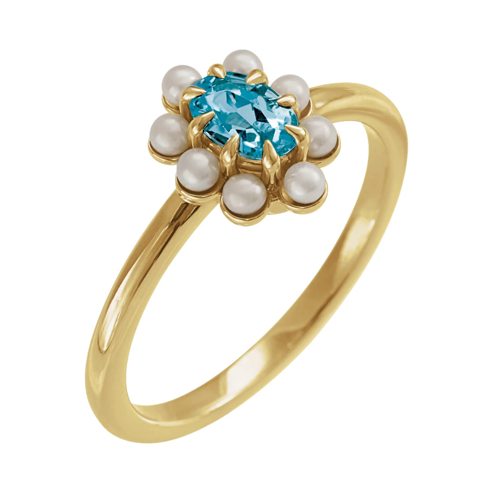 14K Natural Gemstone & Pearl Halo-Style Ring