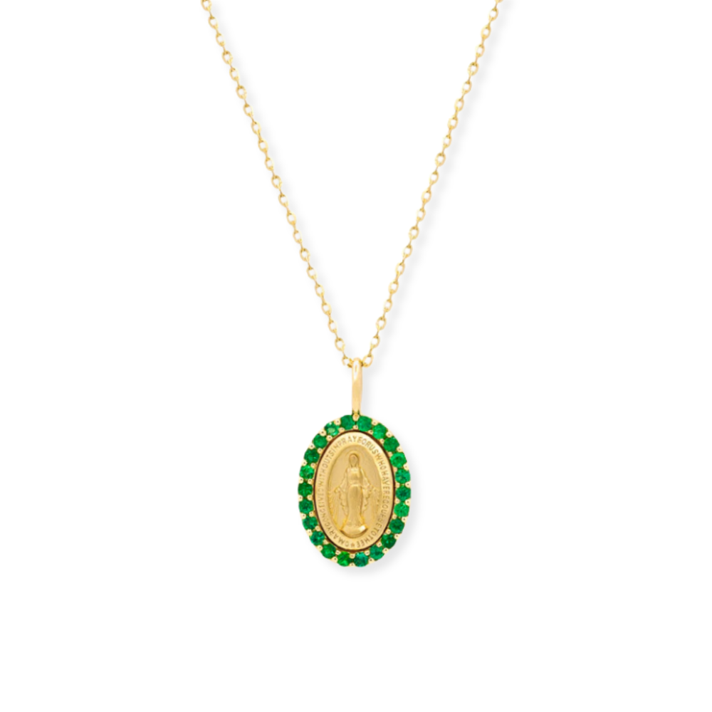 14K Gemstone Halo Miraculous Medal Necklace