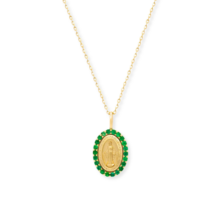 14K Gemstone Halo Miraculous Medal Necklace