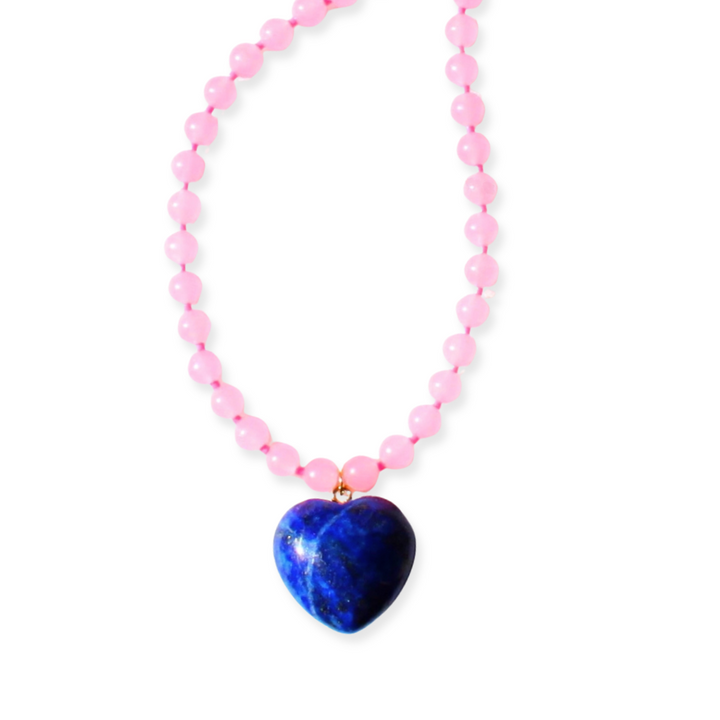 Pink Jade & Lapis Heart Pendant Necklace
