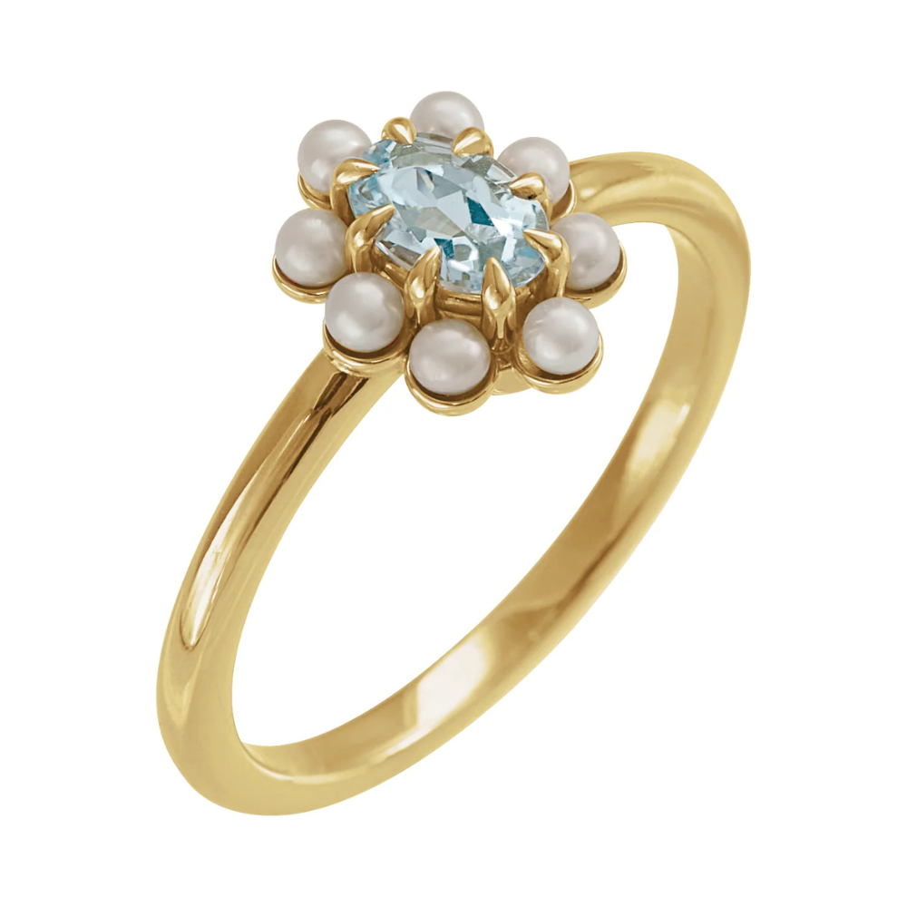 14K Natural Gemstone & Pearl Halo-Style Ring