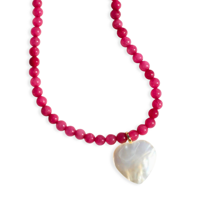 Fuchsia Jade & Mother of Pearl Heart Pendant Necklace