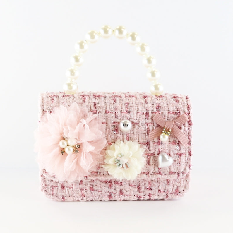 Pink Floral Applique Tweed Purse
