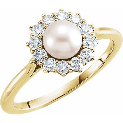 14K Cultured Freshwater Pearl & 1/3 CTW Natural Diamond Halo-Style Ring