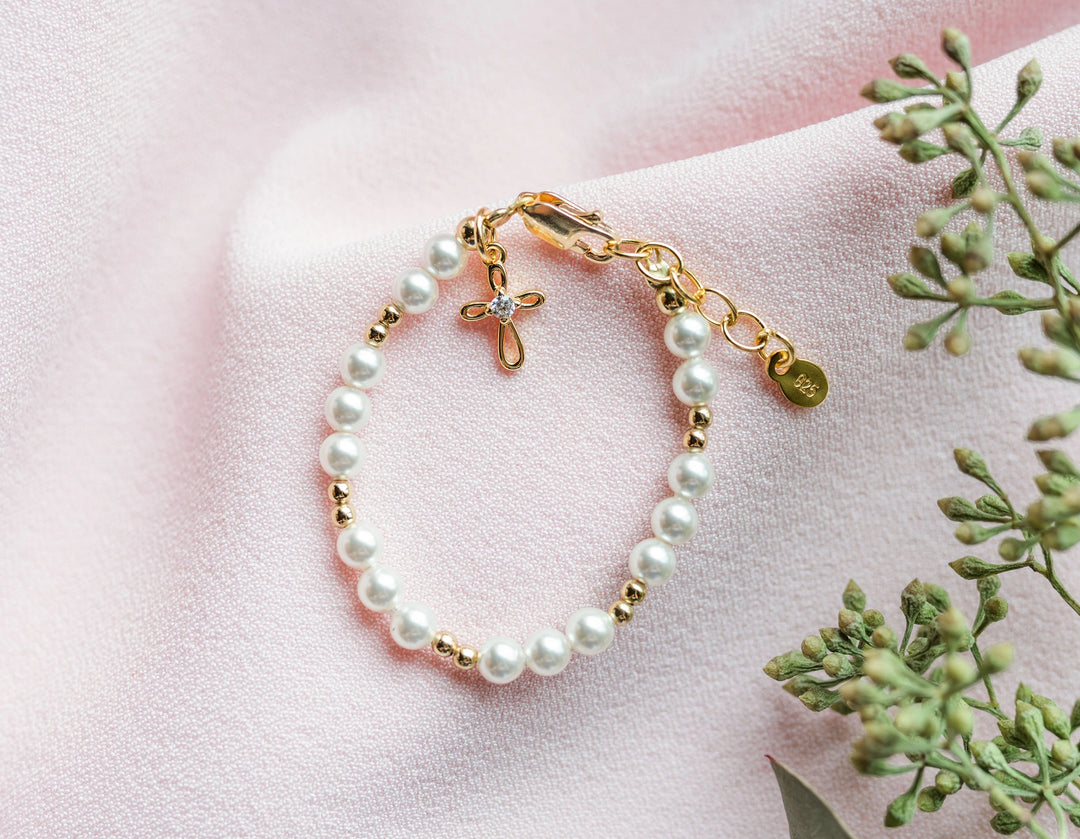 Pearl Beaded Cross Charm Bracelet