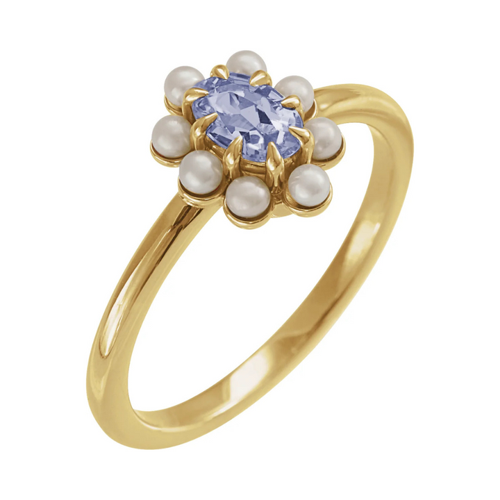 14K Natural Gemstone & Pearl Halo-Style Ring