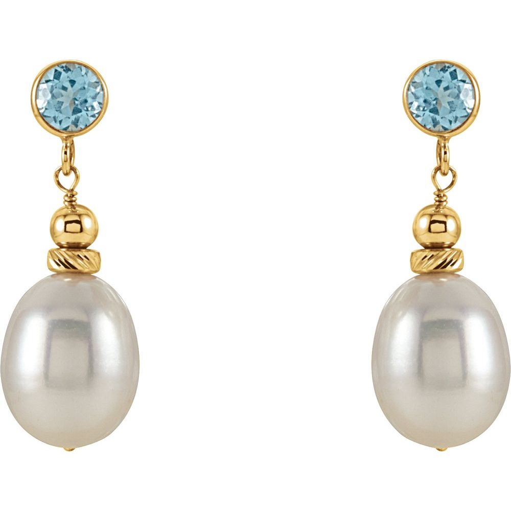 14K Bezel Gemstone & Freshwater Pearl Dangle Earrings