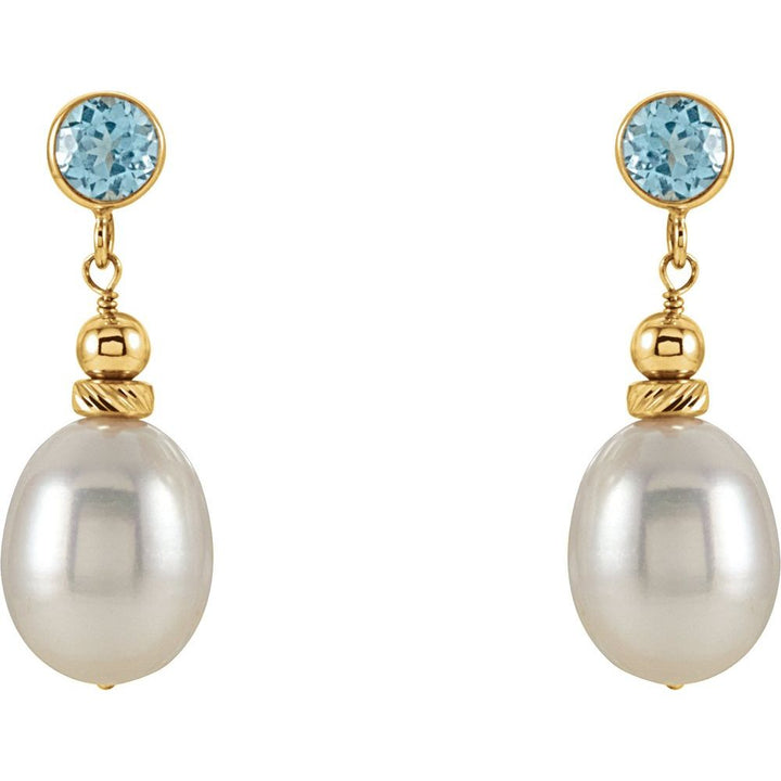 14K Bezel Gemstone & Freshwater Pearl Dangle Earrings