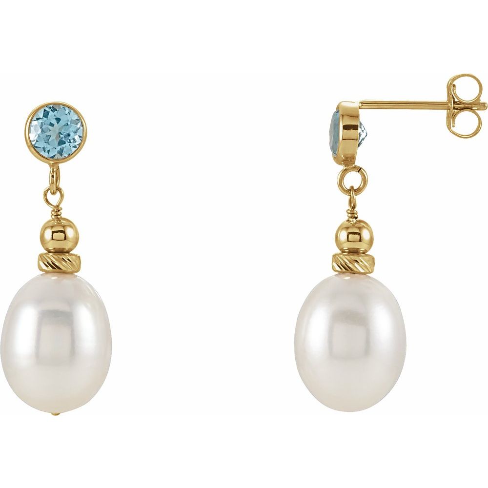 14K Bezel Gemstone & Freshwater Pearl Dangle Earrings