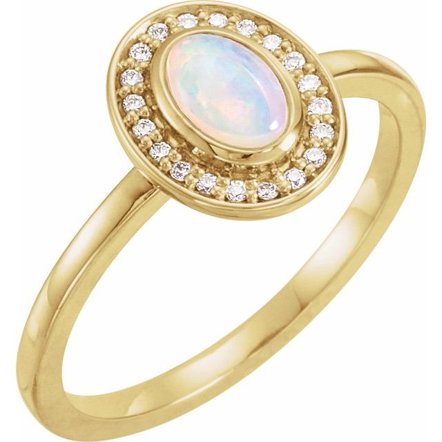 14K Natural White Opal & .08 CTW Natural Diamond Halo-Style Ring