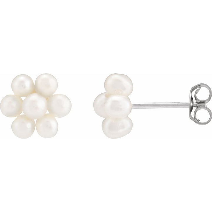 14K Cultured White Freshwater Pearl Flower Studs