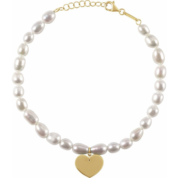 14K Cultured White Freshwater Pearl & Heart Bracelet