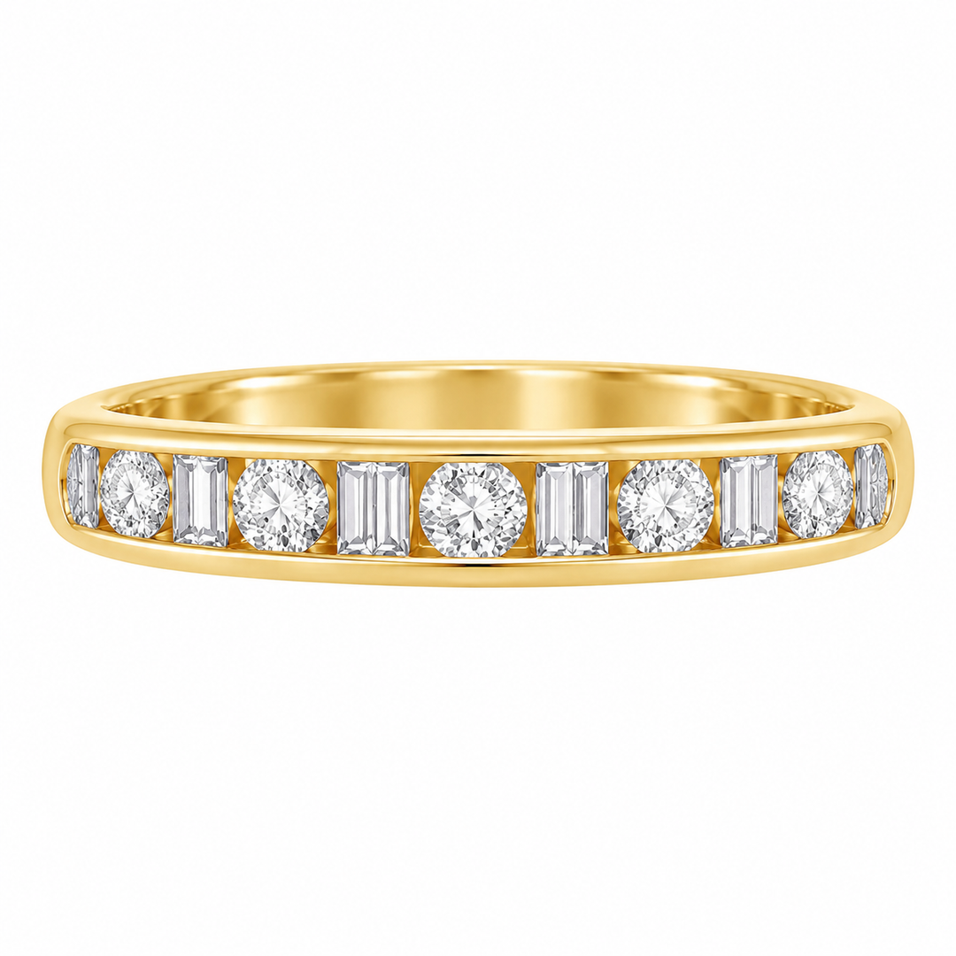 14K Natural Round Diamond &amp; Baguette Channel Wedding Band