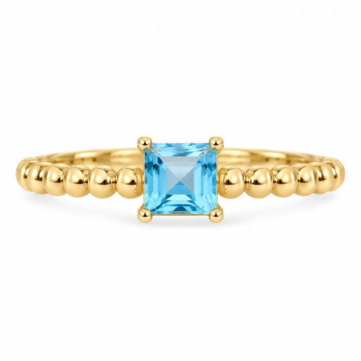 14K Princess-Cut Blue Topaz Beaded Ring