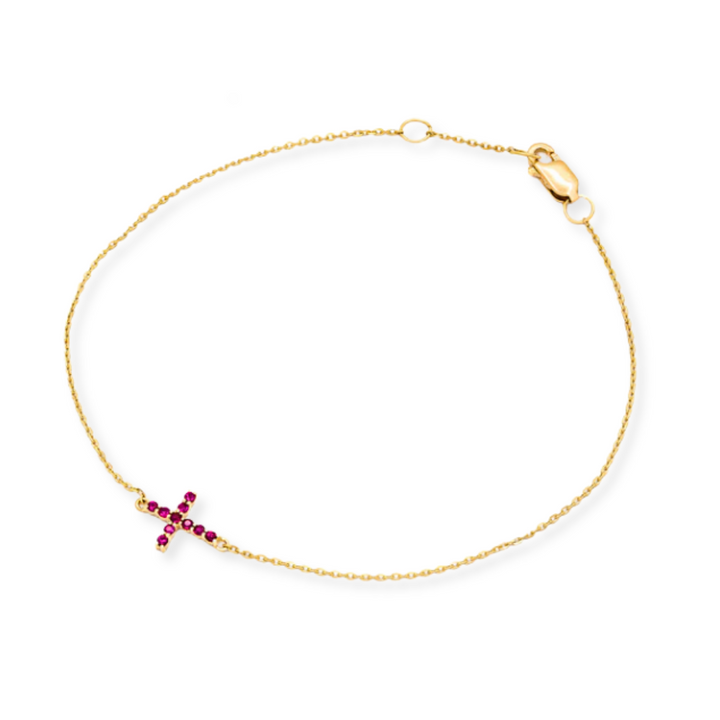 14K Gemstone Sideways Cross Bracelet