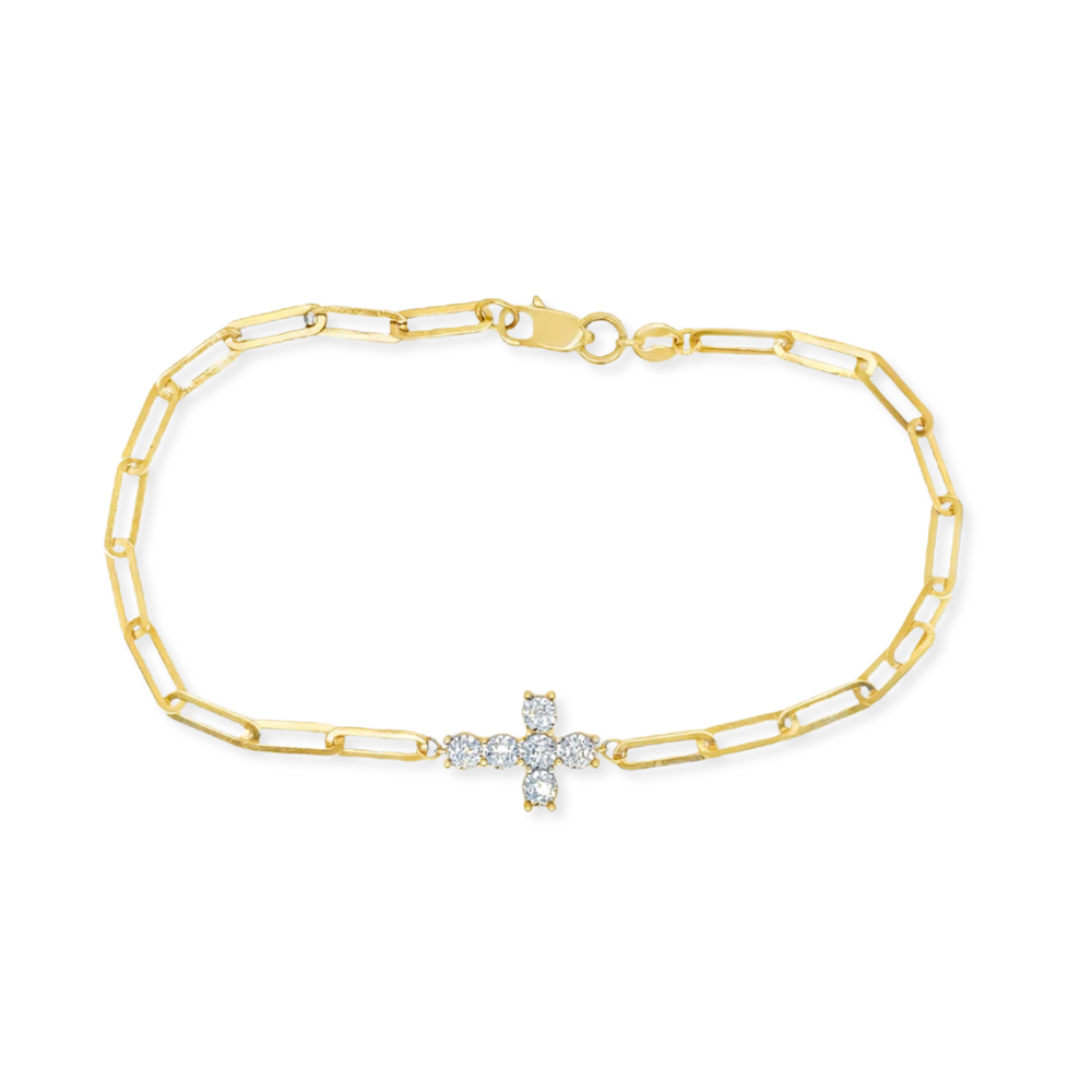14K Chunky Diamond Cross Paperclip Bracelet