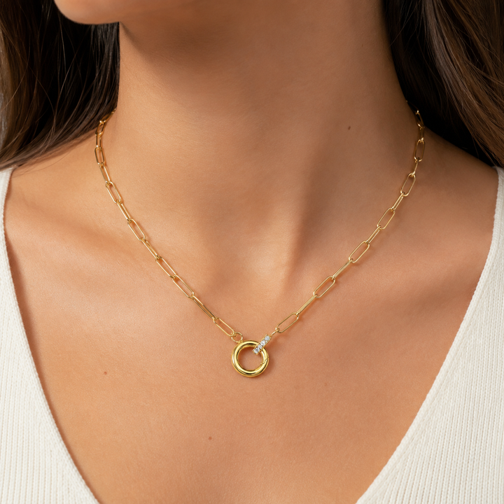 CZ &amp; Wheel Paperclip Chain Necklace