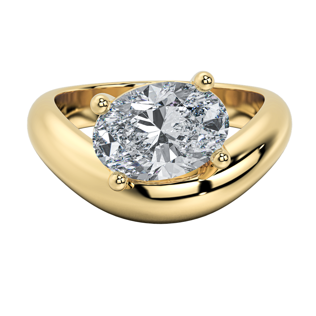 Caroline engagement ring: gold band with an off-set pear-shape diamond center, classic modern design.