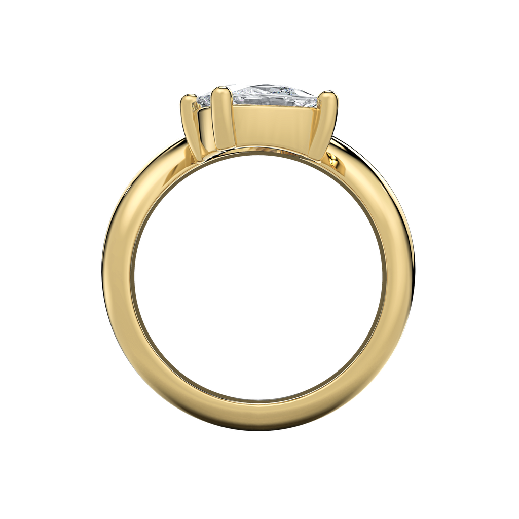 Caroline engagement ring: gold band with an off-set pear-shape diamond center.
