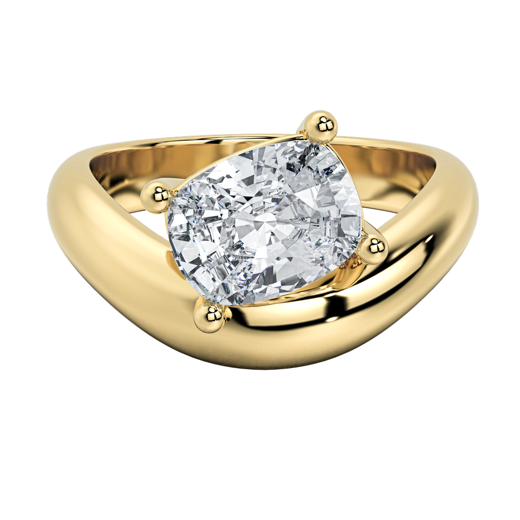 Caroline Signature Engagement Style: 14K yellow gold ring with a sculptural band and cushion-cut diamond.