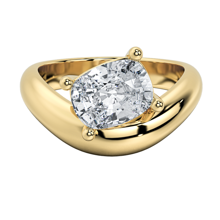 Caroline Signature Engagement Style: 14K yellow gold ring with a sculptural band and cushion-cut diamond.