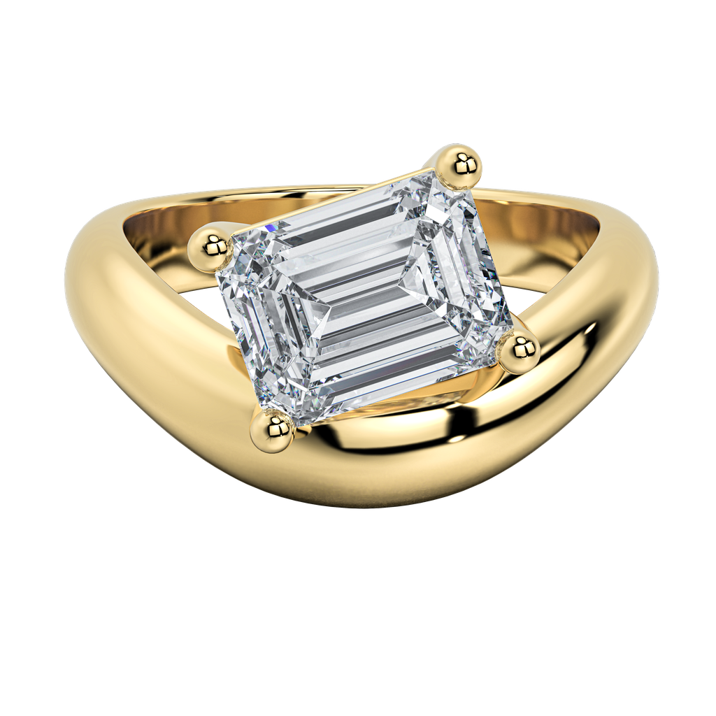Caroline Signature Engagement Ring: 14K yellow gold band with a sculptural curve, featuring an emerald cut diamond.