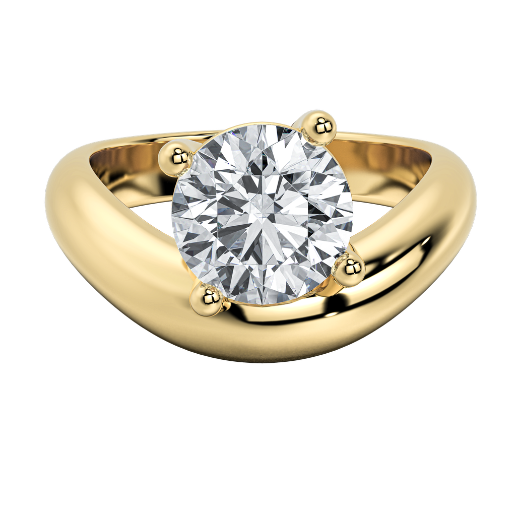Caroline Signature Engagement ring: 14K yellow gold band with a sculptural curve, holding a brilliant round diamond.