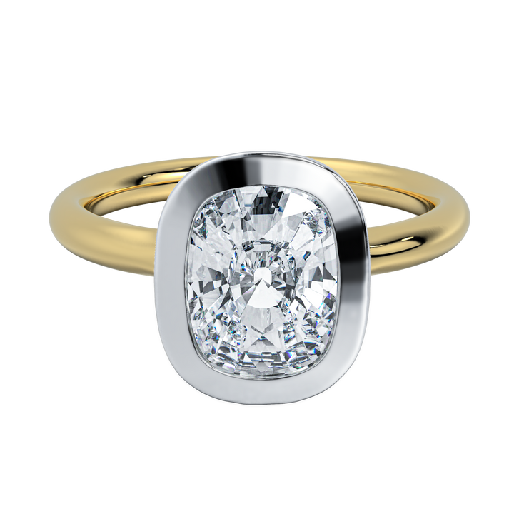 Celeste two-tone engagement ring with a white gold bezel-set Asscher-cut diamond on a yellow gold band.