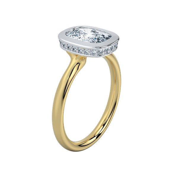 Celeste two-tone engagement ring with an Asscher-cut diamond in a white gold bezel and yellow gold band.